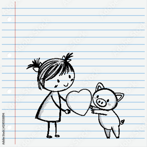 Child and Pig Sharing a Heart