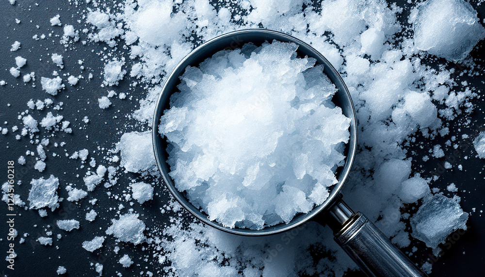 Crushed Ice in Metal Scoop on Dark Background Crushed Ice in Metal Scoop on Dark Background