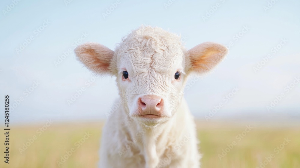 Cute white calf in field, sunny day, pastoral scene. Ideal for agriculture, livestock, and nature publications Cute white calf in field, sunny day, pastoral scene. Ideal for agriculture, livestock, and nature publications
