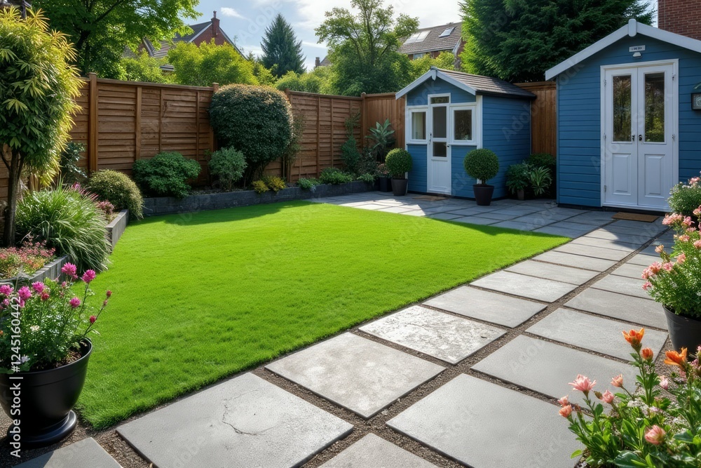 Fototapeta premium Lush Green Garden with Blue Shed and Stone Pathway