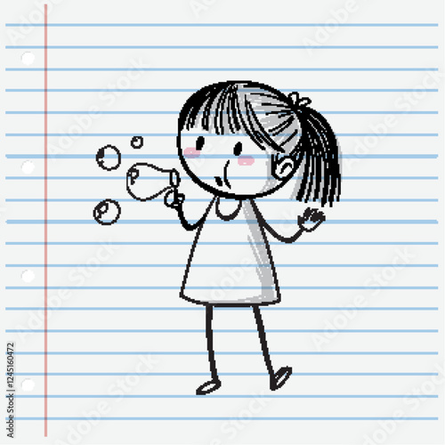 Child Blowing Bubbles on Notebook Page