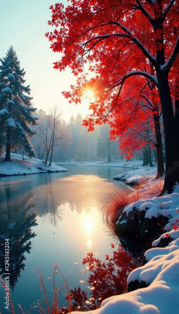 Naklejka premium Warm sunlight filters through branches of trees with red autumn leaves, frozen lake, winter garden