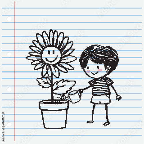 Child Watering Smiling Sunflower Sketch