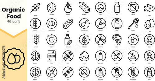 A collection of 40 line icons representing organic food items and dietary restrictions in a minimalistic style.