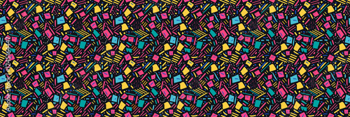Seamless pattern with geometric shapes in the style. Multicolored vintage background with triangles, circles and squares for textile, fabric and Sudanese fabric art.