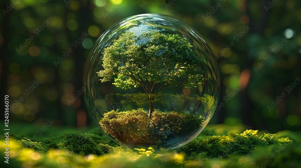 ガラスの球の中の緑の木々と植物4 ガラスの球の中の緑の木々と植物4