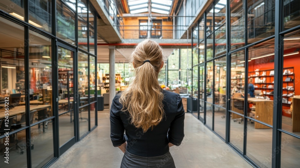 Blonde Woman in Modern Office Building Interior Blonde Woman in Modern Office Building Interior