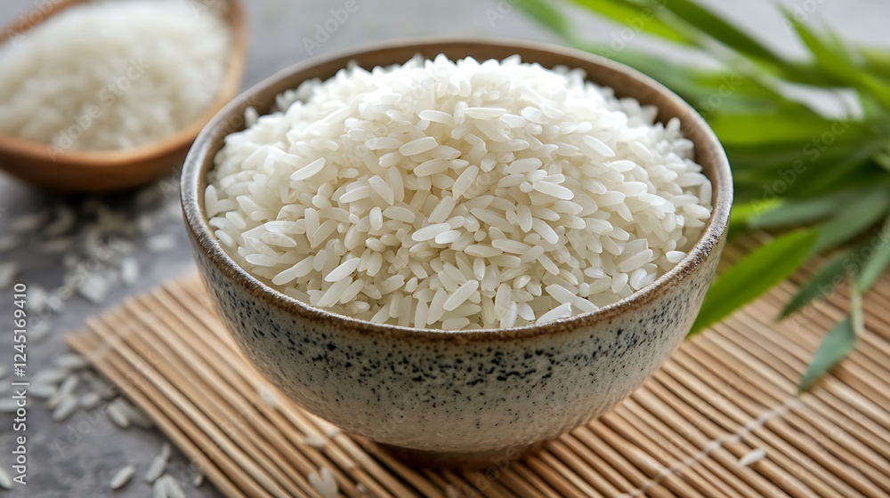Bowl of Cooked White Rice on a Bamboo Mat Bowl of Cooked White Rice on a Bamboo Mat