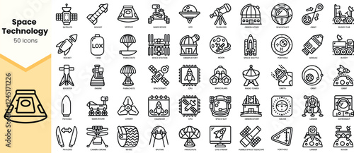 A collection of 50 space technology icons showcasing various spacecraft, satellites, and futuristic tools in a sleek design.