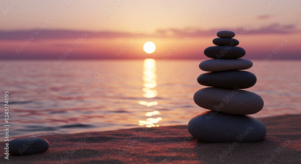 Stone Cairn Silhouette Against a Tranquil Sunset Over the Ocean Horizon Stone Cairn Silhouette Against a Tranquil Sunset Over the Ocean Horizon