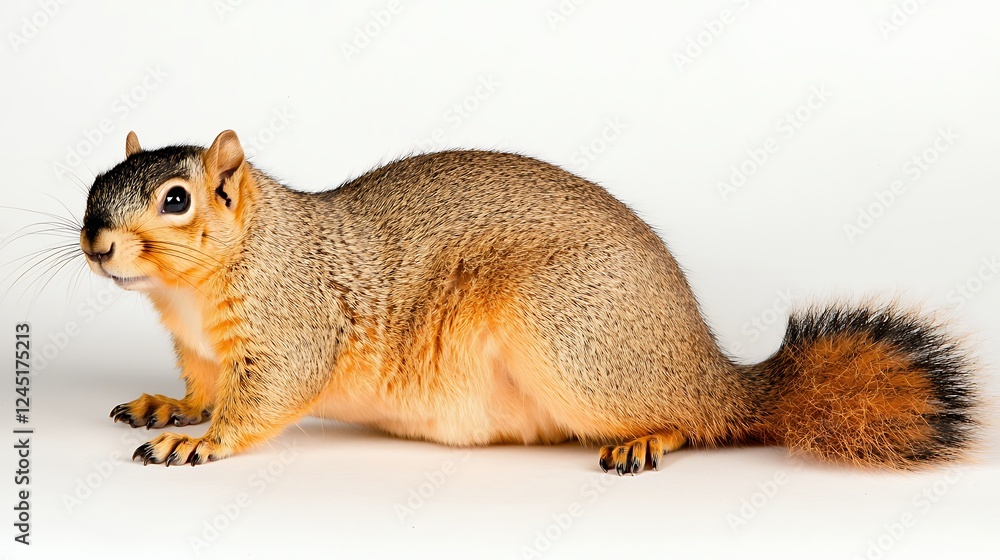 Fototapeta premium Alert Fox Squirrel With Bushy Tail On White Background