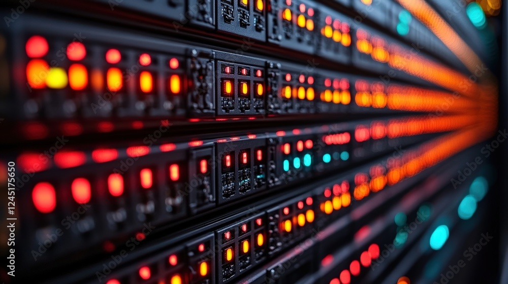 Colorful illuminated server panels showcasing technology in a data center environment Colorful illuminated server panels showcasing technology in a data center environment