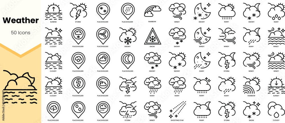 A collection of 50 weather icons featuring various atmospheric conditions, perfect for digital design. A collection of 50 weather icons featuring various atmospheric conditions, perfect for digital design.