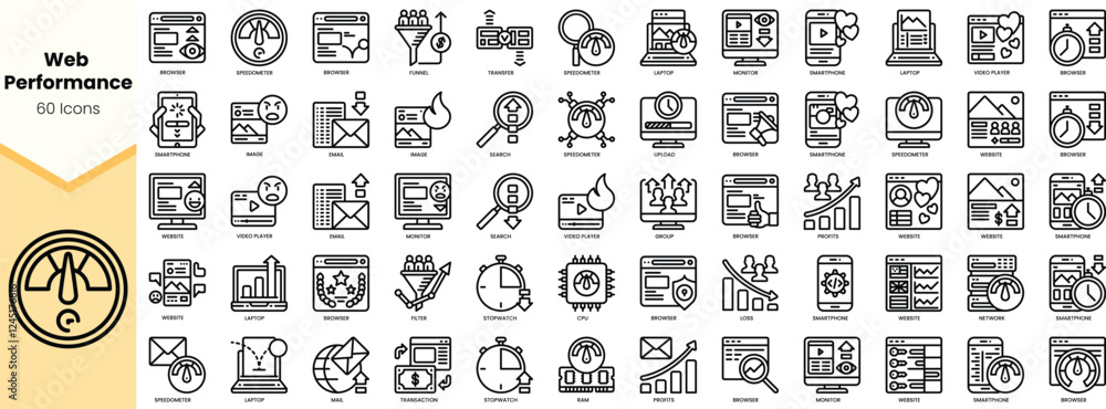 A collection of 60 web performance icons in a minimalistic line art style, perfect for digital design. A collection of 60 web performance icons in a minimalistic line art style, perfect for digital design.