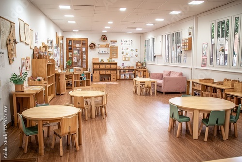 Wallpaper Mural Bright and airy kindergarten classroom with wooden tables, green chairs, and pink armchairs. Kid-friendly space with vibrant and playful decor. Torontodigital.ca