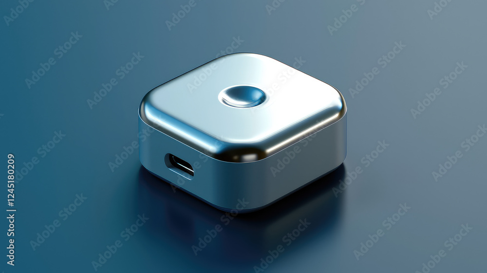 Sleek metallic square device with a single button and USB-C port on a dark blue background. Sleek metallic square device with a single button and USB-C port on a dark blue background.
