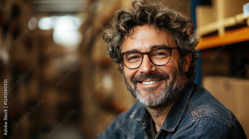 Smiling mature man with glasses in warehouse. Ideal for business, success, and mature male concepts. Smiling mature man with glasses in warehouse. Ideal for business, success, and mature male concepts.