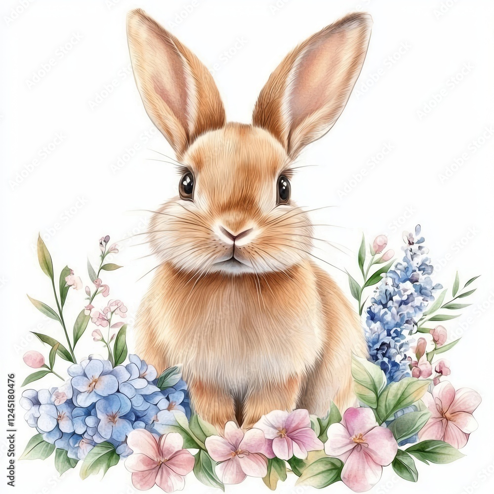 Watercolor Rabbit Illustration with Flowers Watercolor Rabbit Illustration with Flowers