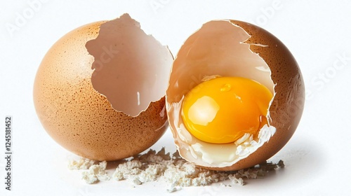 Cracked Egg Revealing Yolk Freshness and Culinary Possibilities Displayed on a White Surface. photo