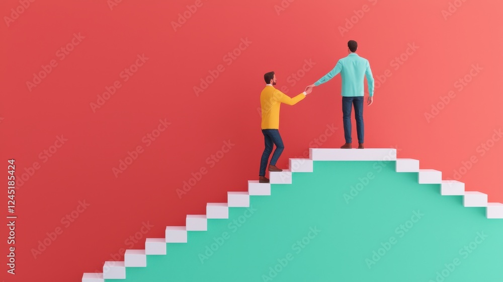 Two individuals climbing stairs together, symbolizing support and teamwork in achieving goals. A vibrant visual representation of collaboration and success. Two individuals climbing stairs together, symbolizing support and teamwork in achieving goals. A vibrant visual representation of collaboration and success.