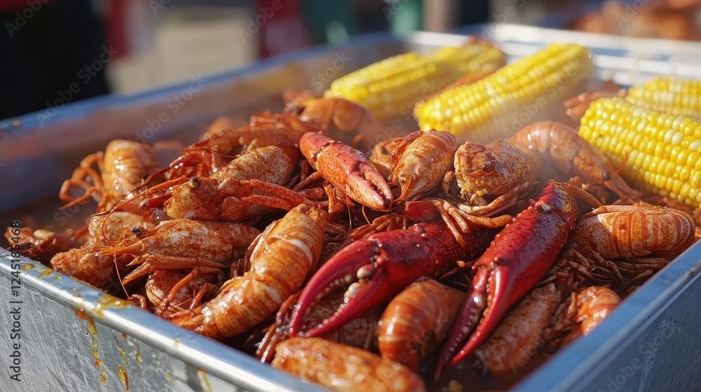 Spicy crawfish boil with corn on the cob. Perfect for food blogs, restaurant menus, or summer festival imagery. Spicy crawfish boil with corn on the cob. Perfect for food blogs, restaurant menus, or summer festival imagery.