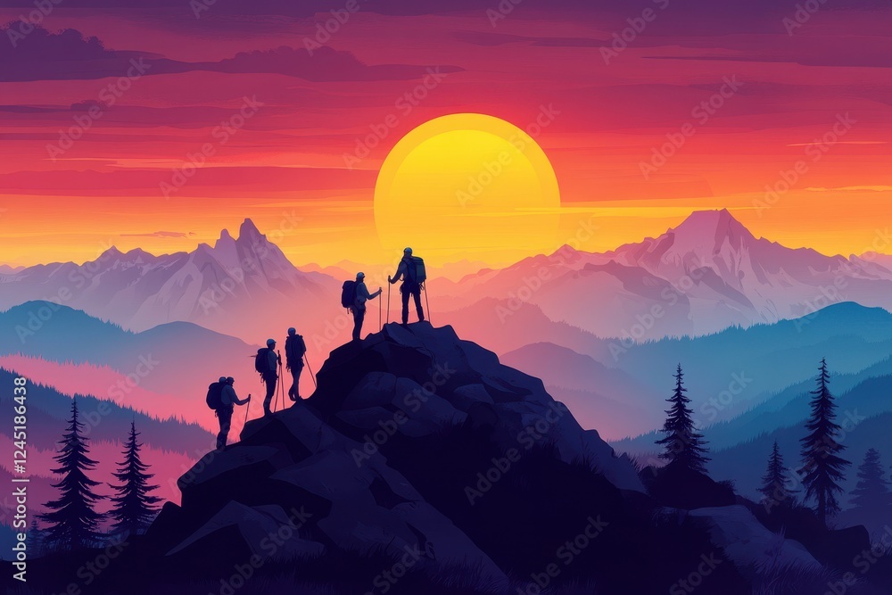 Fototapeta premium Hikers silhouetted against vibrant sunset, atop mountain peak. Illustrates teamwork, achievement, and the beauty of nature.