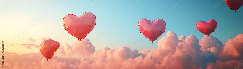 Fototapeta premium Colorful heart-shaped balloons floating in a dreamy sky full of soft clouds.