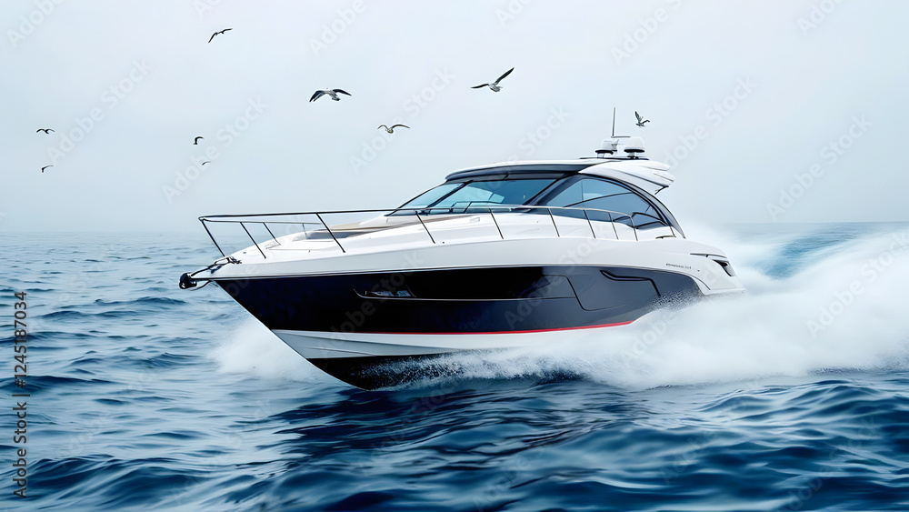 Fototapeta premium A sleek, modern yacht is cruising on the ocean, surrounded by seagulls.