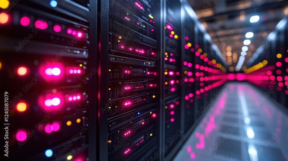 Close-up view of illuminated server racks in a data center with colorful lights and depth Close-up view of illuminated server racks in a data center with colorful lights and depth