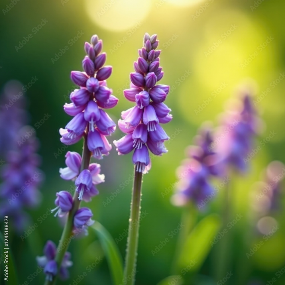 Violet stems with delicate blooms in the sunlight, natural, stem Violet stems with delicate blooms in the sunlight, natural, stem