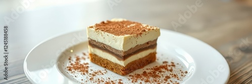 Delicious layered dessert served on a white plate with a sprinkle of cinnamon photo