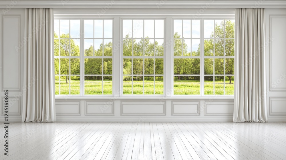 Bright White Room Interior with Large Windows and Green Landscape View Bright White Room Interior with Large Windows and Green Landscape View
