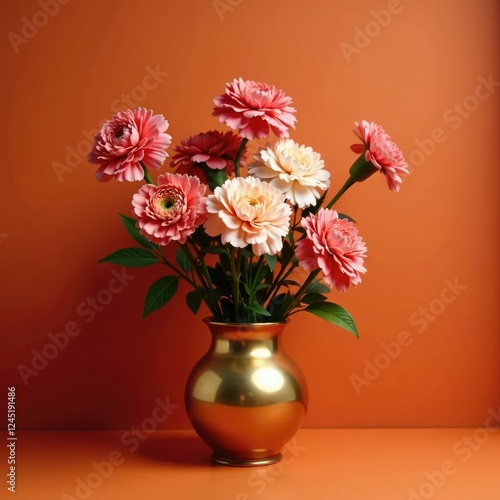 warm terracotta background featuring preserved alstroemeria and carnations in a metal vase, metal, vase, bohemian