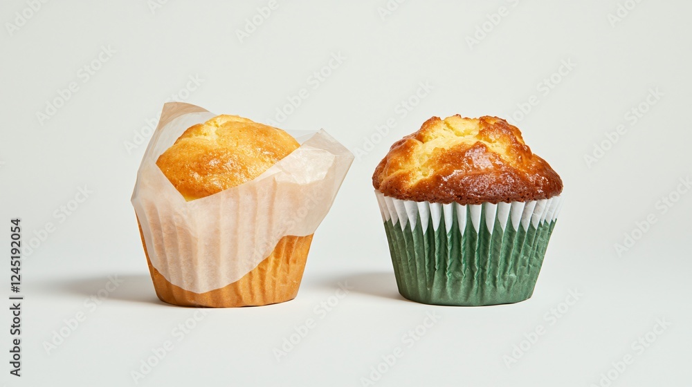 Two muffins, baked goods, white background, studio shot, food photography Two muffins, baked goods, white background, studio shot, food photography