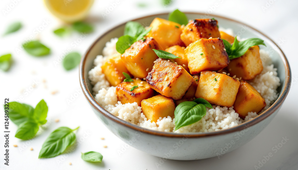 Delicious Pan-fried Tofu with Couscous and Basil Delicious Pan-fried Tofu with Couscous and Basil
