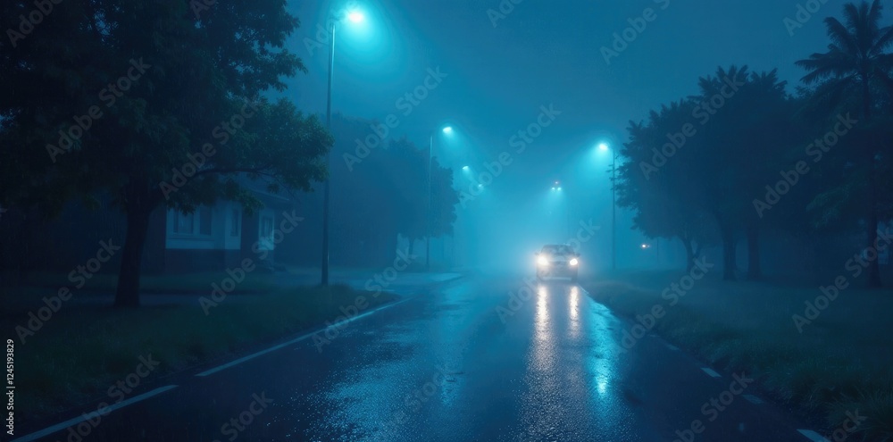 Blue haze and smoke create a moody atmosphere on a rainy evening, gloomy, smoke Blue haze and smoke create a moody atmosphere on a rainy evening, gloomy, smoke