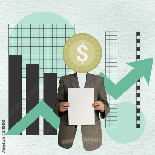 Businesswoman analyzing financial data on a laptop with coins in a modern collage style, vector illustration