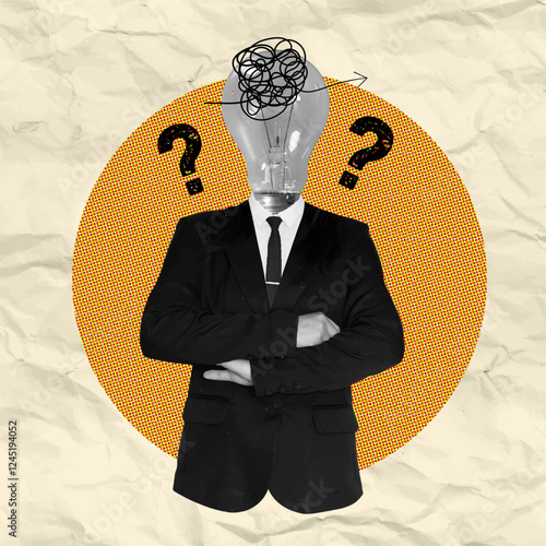Confused businessman with a lightbulb head symbolizing creativity and ideas, vector illustration