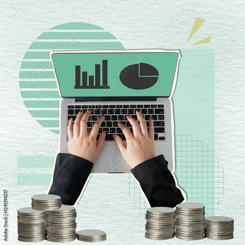 Businesswoman analyzing financial data on a laptop with coins in a modern collage style, vector illustration