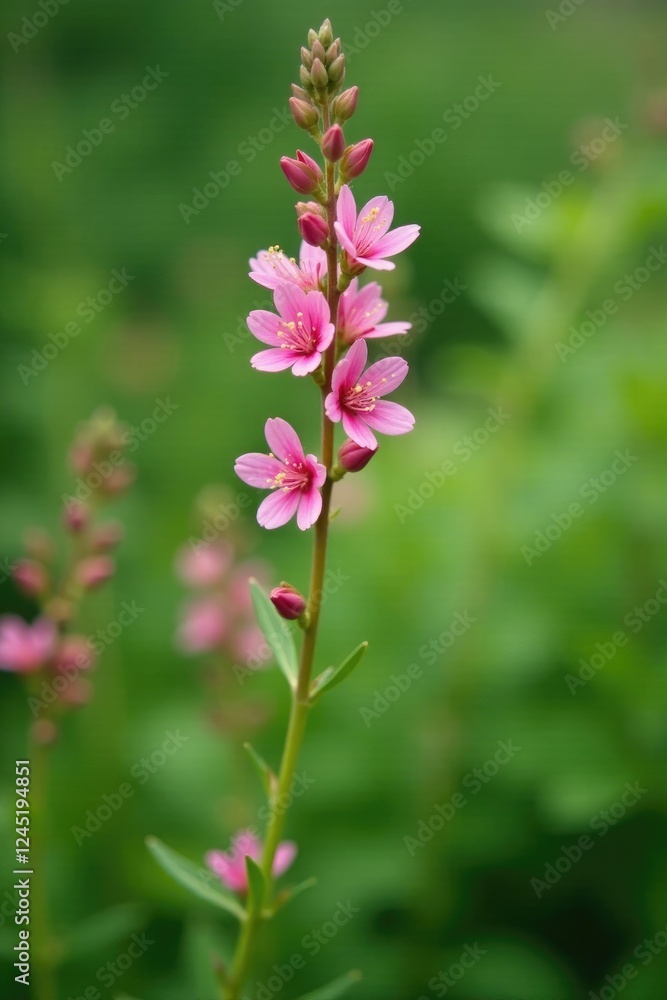 delicate sprig of Ononis Arvensis with pink flowers, landscape, greenery, delicate sprig of Ononis Arvensis with pink flowers, landscape, greenery,