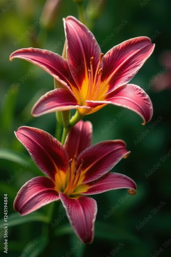 Delicate star-shaped flowers with maroon lily petals unfolding in a garden, flora, nature, garden Delicate star-shaped flowers with maroon lily petals unfolding in a garden, flora, nature, garden