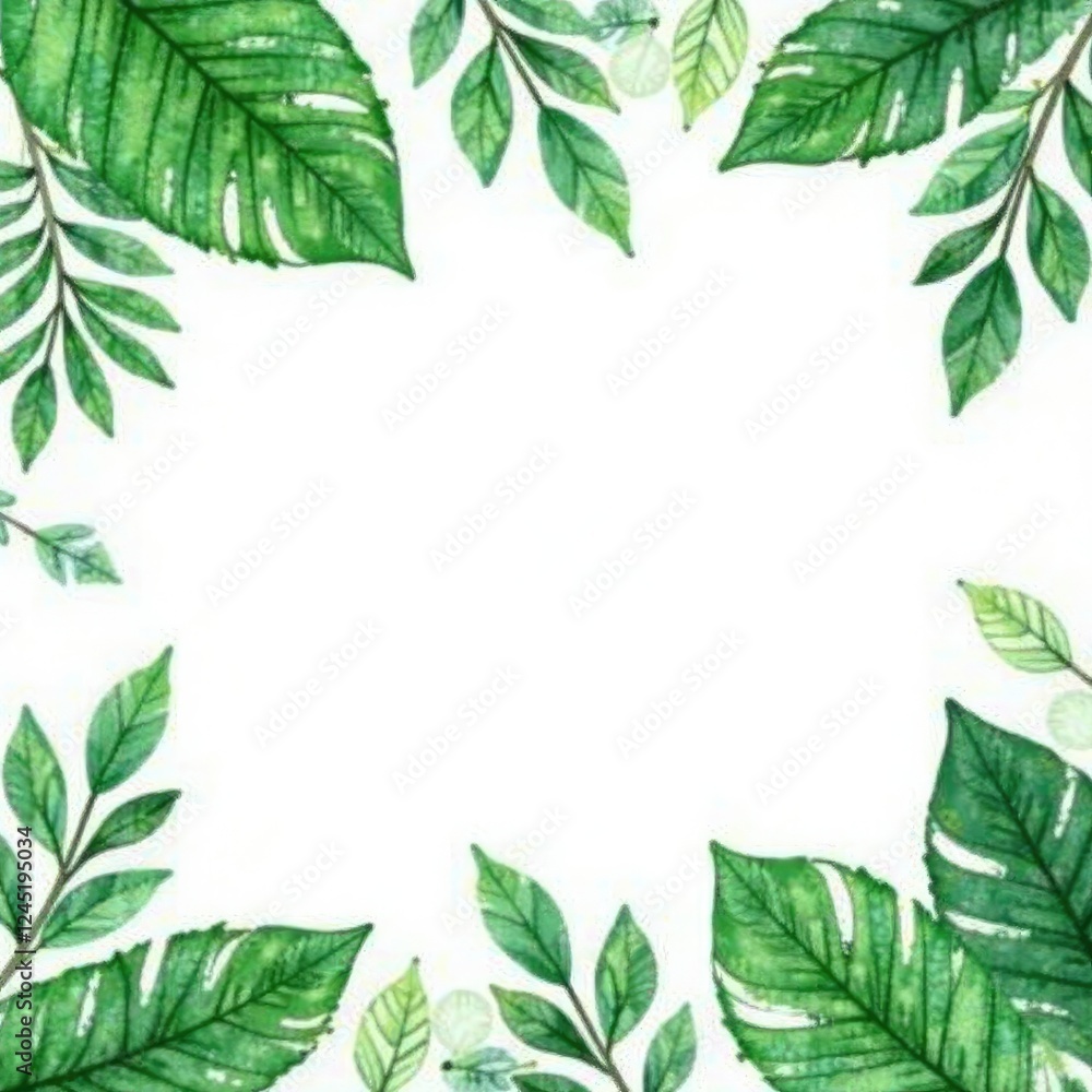 Naklejka premium Delicate watercolour border of exotic leaves on white background, watercolour, elegant, delicate