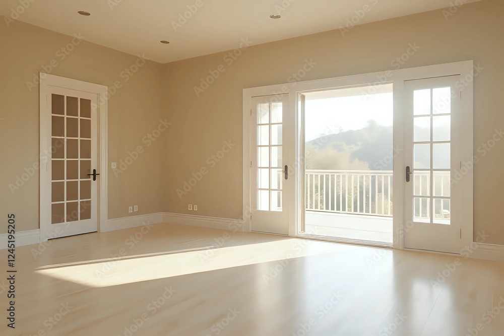 Obraz premium Interior of empty spacious living room with beige walls and laminated floor with doors leading to balcony with copy space