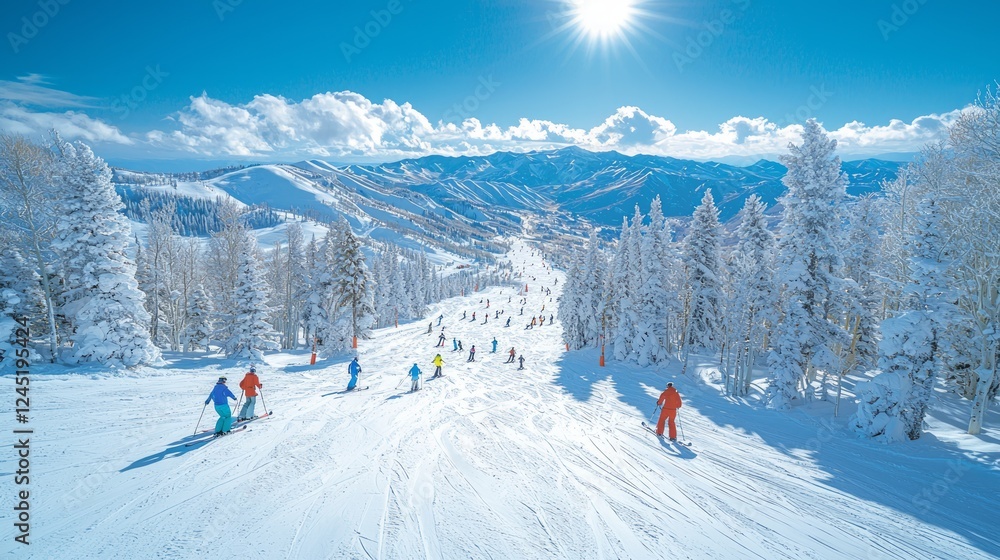 Skiers descend snowy mountain slope, sunny day, winter resort Skiers descend snowy mountain slope, sunny day, winter resort