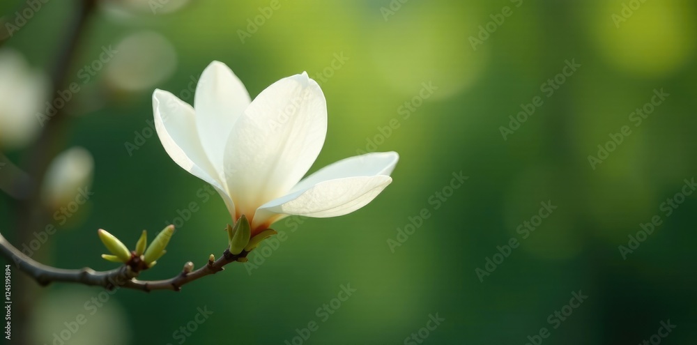 delicate white magnolia blooms on a slender branch, serenity, garden, evergreen delicate white magnolia blooms on a slender branch, serenity, garden, evergreen