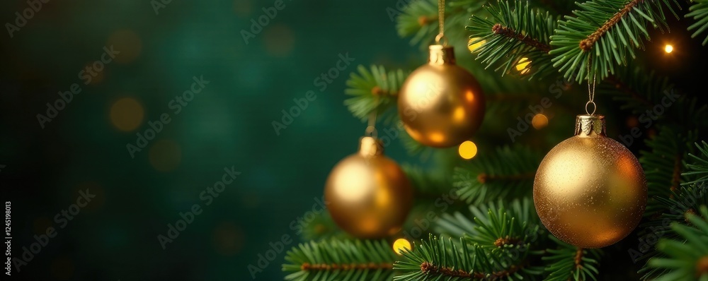 Golden balls and shapes adorn the boughs of a Christmas tree, holiday, Christmas tree, ornaments Golden balls and shapes adorn the boughs of a Christmas tree, holiday, Christmas tree, ornaments