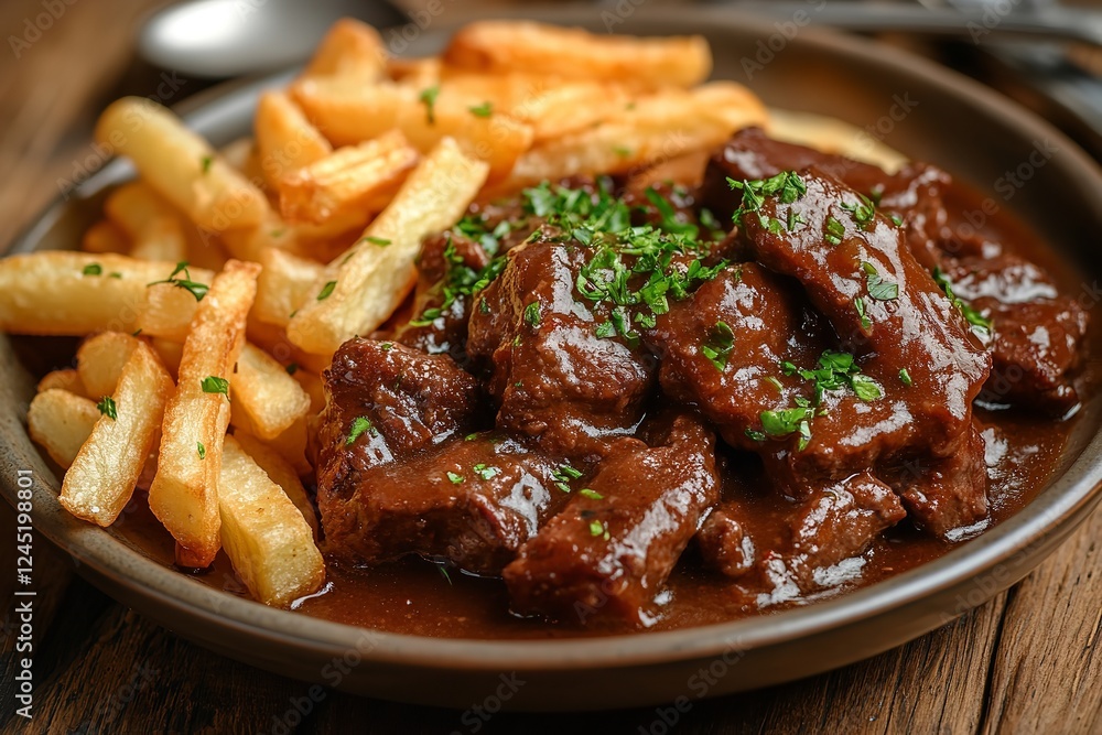 Close-up of Flemish stew featuring tender beef chunks in a deep, flavorful beer sauce, accompanied by crispy golden French fries, set on a rustic wooden table in a warmly lit, vintage kitchen. Close-up of Flemish stew featuring tender beef chunks in a deep, flavorful beer sauce, accompanied by crispy golden French fries, set on a rustic wooden table in a warmly lit, vintage kitchen.