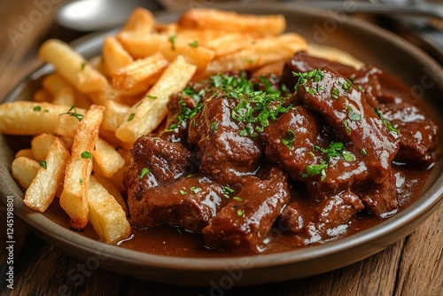 Close-up of Flemish stew featuring tender beef chunks in a deep, flavorful beer sauce, accompanied by crispy golden French fries, set on a rustic wooden table in a warmly lit, vintage kitchen.