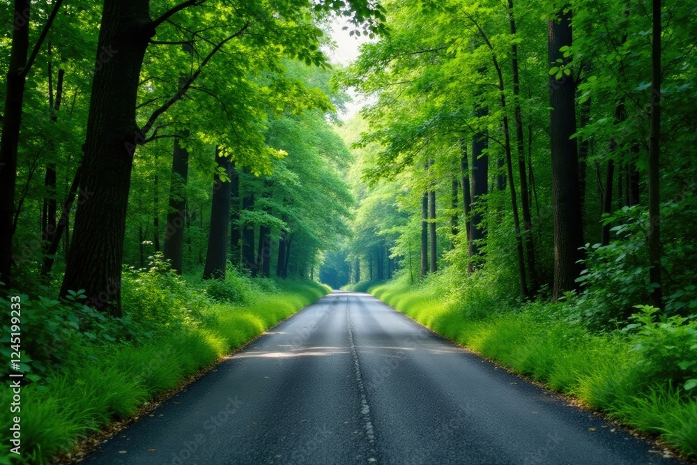 Fototapeta premium overgrown roadsides with trees and weeds growing alongside an asphalt road, asphaltpavement, denseforest, foliage