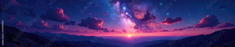 Fototapeta premium paisaje con cielos luminoso y estrellas multicolores con un efecto sonoro, iluminacion nocturna, estrellas multicolors, luz natural